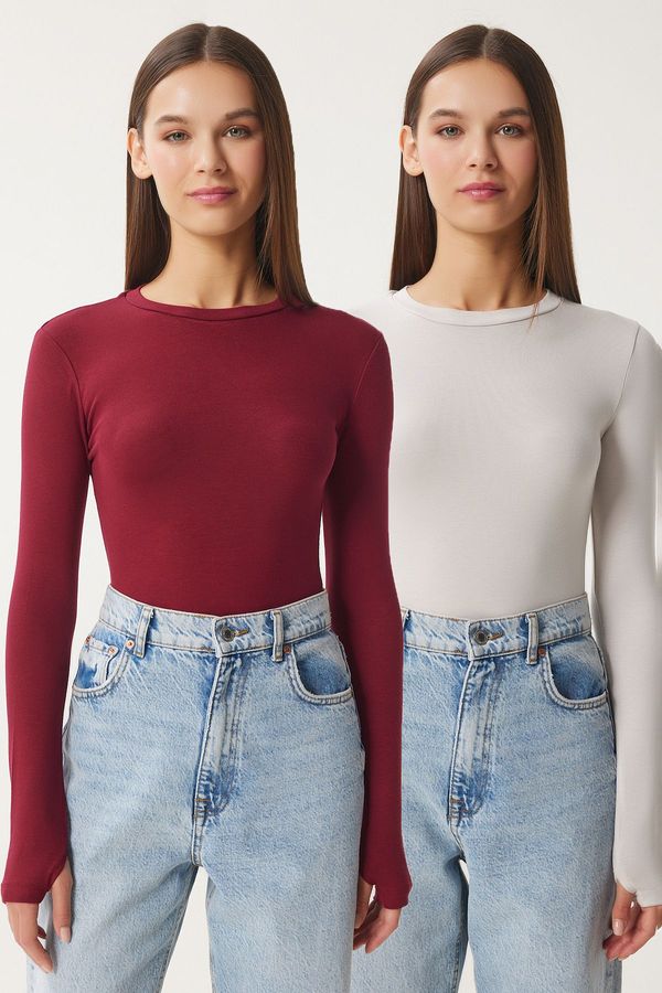 Happiness İstanbul Happiness İstanbul Women's Burgundy Stone 2 Pack Crew Neck Basic Knitted Blouse