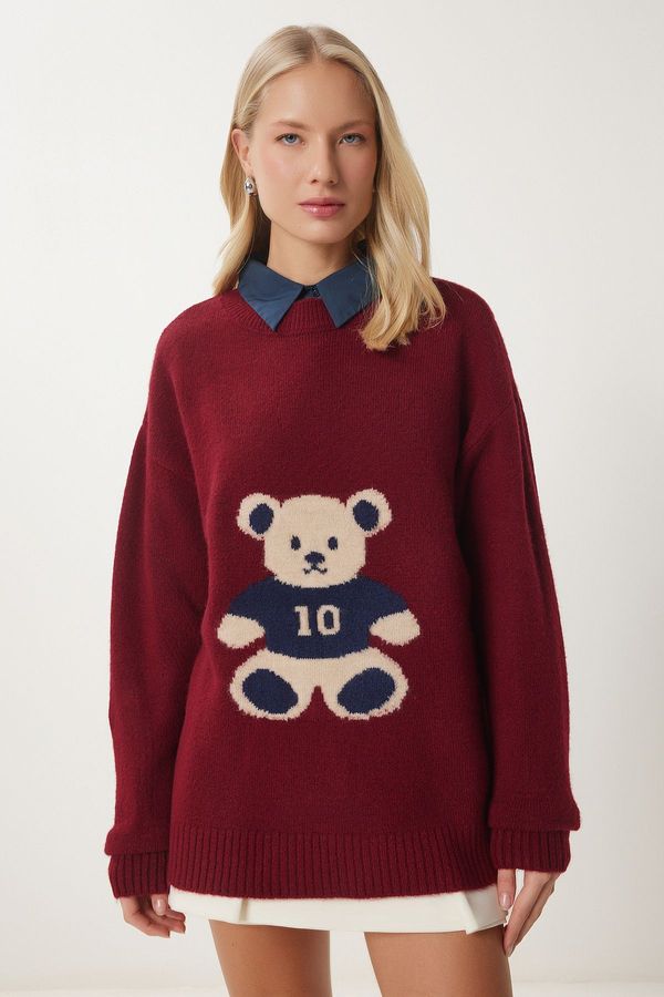Happiness İstanbul Happiness İstanbul Women's Burgundy Teddy Bear Textured Soft Knitwear Sweater