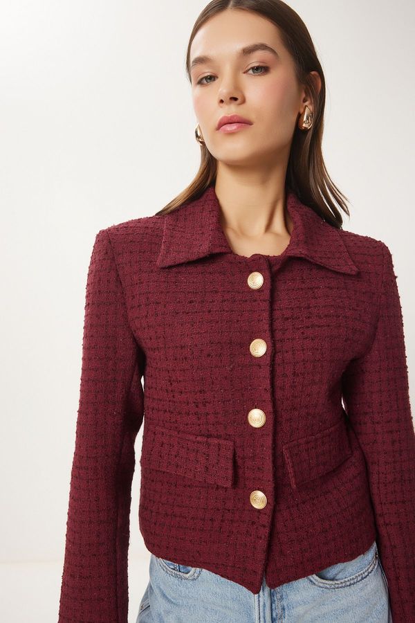 Happiness İstanbul Happiness İstanbul Women's Burgundy Tweed Crop Jacket