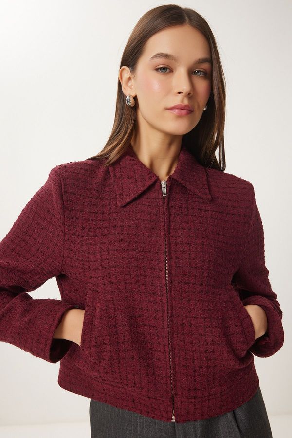 Happiness İstanbul Happiness İstanbul Women's Burgundy Zippered Shirt Collar Tweed Jacket