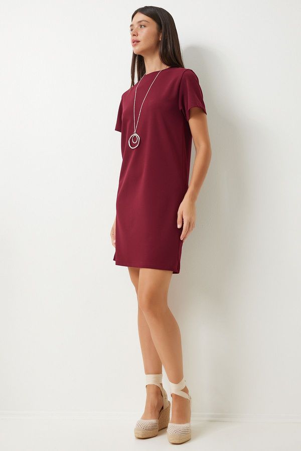 Happiness İstanbul Happiness İstanbul Women's Claret Red Crew Neck Basic Crepe Dress