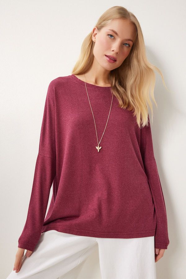 Happiness İstanbul Happiness İstanbul Women's Claret Red Crew Neck Bat Sleeve Knitted Blouse