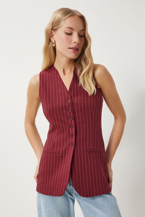 Happiness İstanbul Happiness İstanbul Women's Claret Red Fleto Pocket Detailed Striped Woven Vest