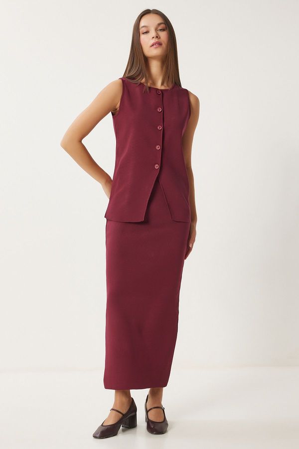 Happiness İstanbul Happiness İstanbul Women's Claret Red Knit Vest Skirt Set