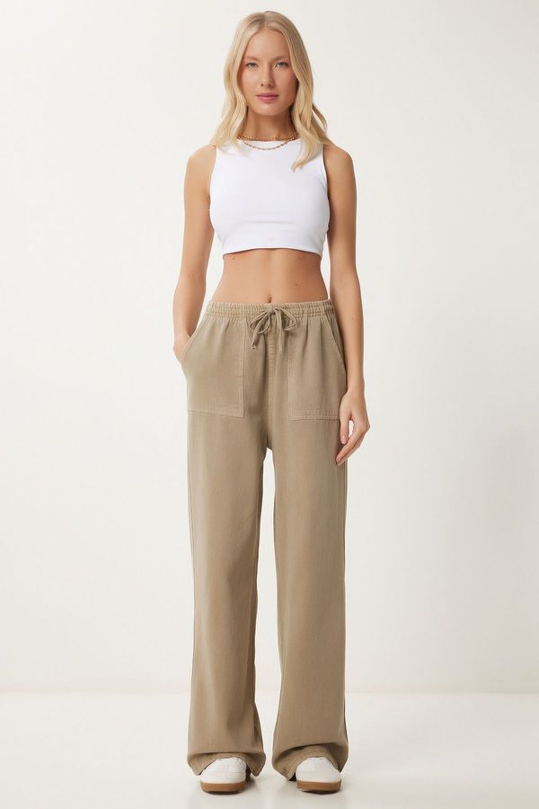 Happiness İstanbul Happiness İstanbul Women's Clay Green Faded Effect Wide Leg Denim Palazzo Pants