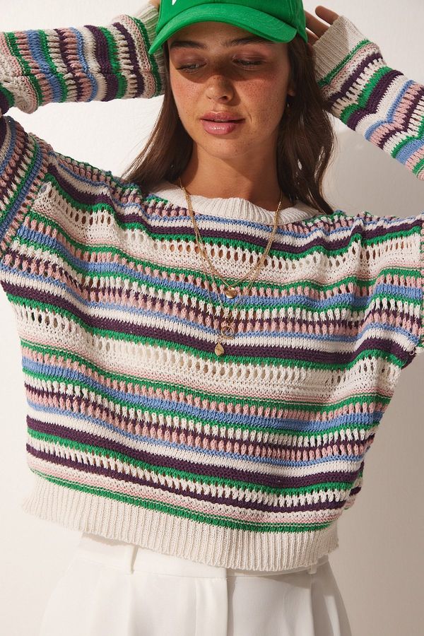 Happiness İstanbul Happiness İstanbul Women's Cream Blue Openwork Striped Knitwear Sweater
