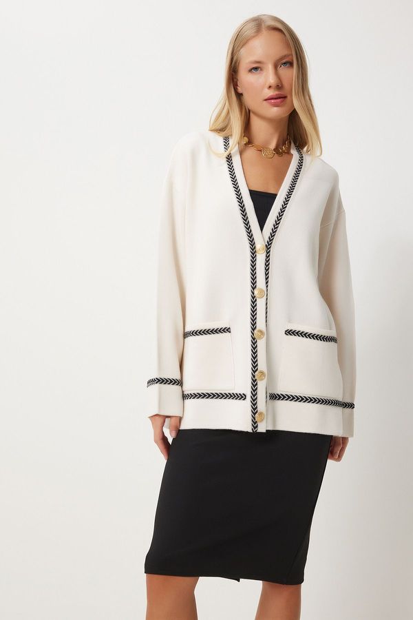 Happiness İstanbul Happiness İstanbul Women's Cream Contrast Detail Pocket Long Knit Cardigan