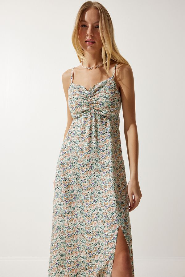 Happiness İstanbul Happiness İstanbul Women's Cream Green Strappy Patterned Viscose Dress