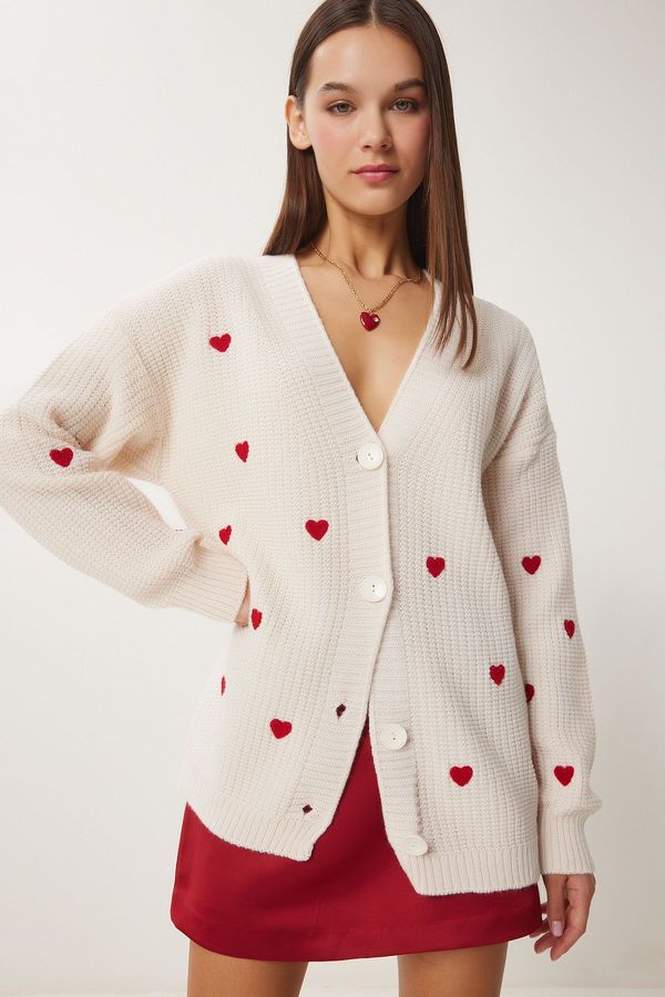 Happiness İstanbul Happiness İstanbul Women's Cream Heart Textured Long Knitwear Cardigan
