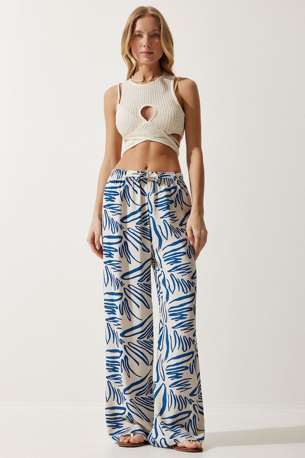 Happiness İstanbul Happiness İstanbul Women's Cream Navy Blue Patterned Flowy Viscose Palazzo Trousers