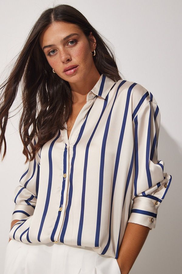 Happiness İstanbul Happiness İstanbul Women's Cream Navy Blue Striped Flowy Satin Shirt