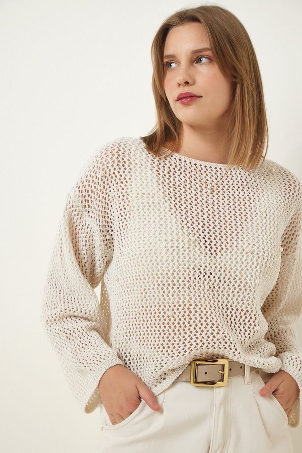 Happiness İstanbul Happiness İstanbul Women's Cream Pearl Detailed Openwork Seasonal Knitwear Sweater
