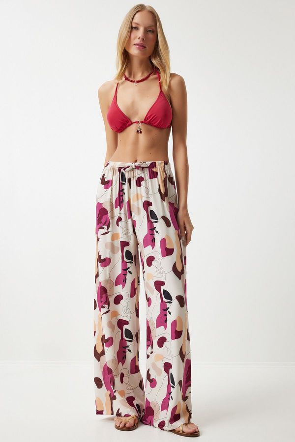 Happiness İstanbul Happiness İstanbul Women's Cream Plum Patterned Draped Viscose Palazzo Trousers