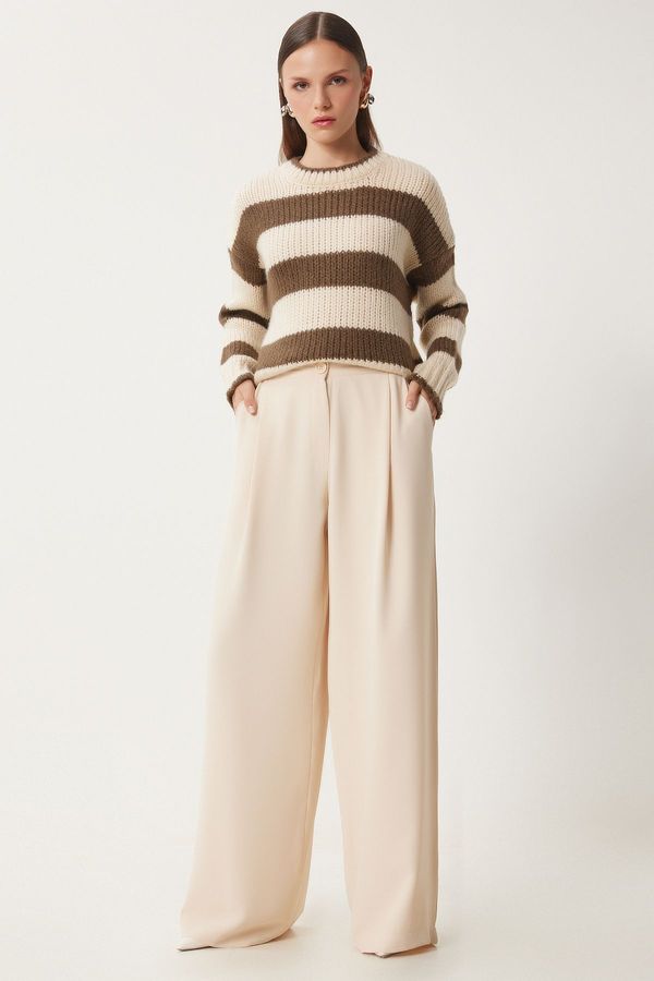 Happiness İstanbul Happiness İstanbul Women's Cream Pocket Woven Palazzo Trousers