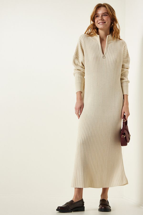 Happiness İstanbul Happiness İstanbul Women's Cream Ribbed Oversize Knitwear Dress