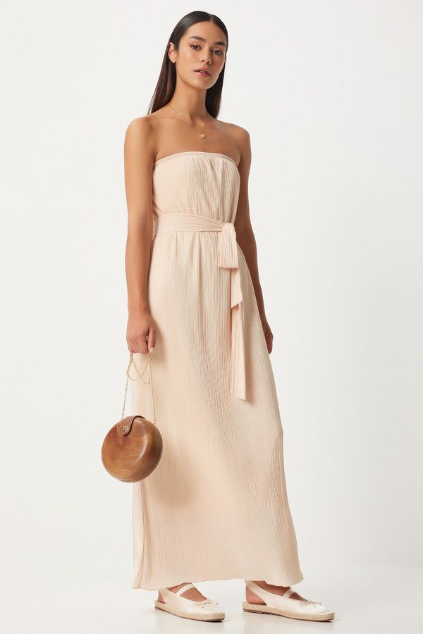 Happiness İstanbul Happiness İstanbul Women's Cream Strapless Belted Pleated Dress
