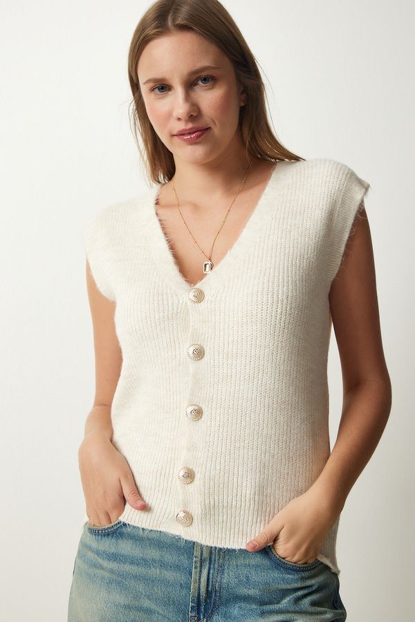 Happiness İstanbul Happiness İstanbul Women's Cream Wool Knitwear Vest with Metal Buttons