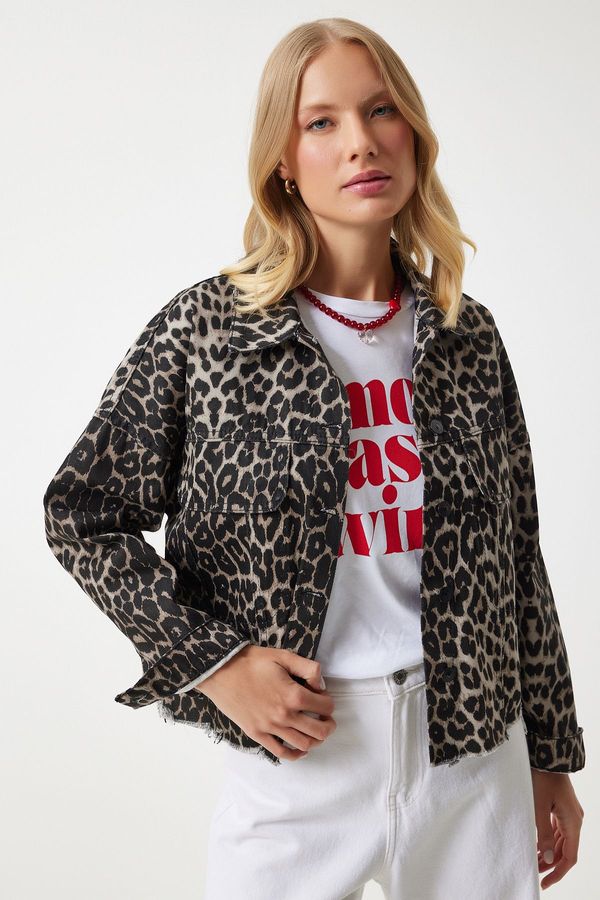 Happiness İstanbul Happiness İstanbul Women's Dark Beige Black Leopard Pattern Denim Jacket
