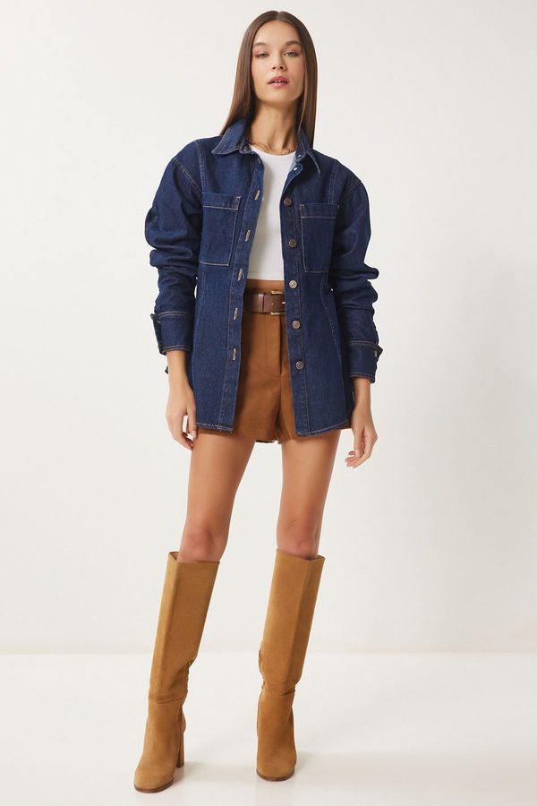 Happiness İstanbul Happiness İstanbul Women's Dark Blue Denim Shirt Jacket