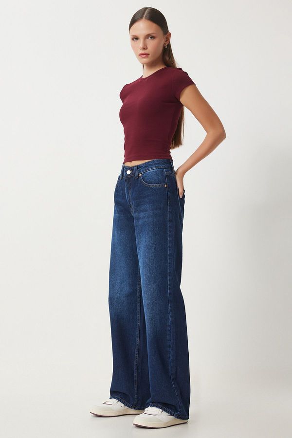 Happiness İstanbul Happiness İstanbul Women's Dark Blue Mid Waist Wide Leg Loose Jeans