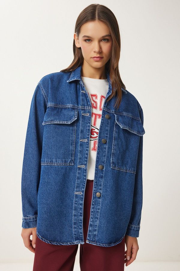 Happiness İstanbul Happiness İstanbul Women's Dark Blue Wide Pocket Oversize Denim Jacket