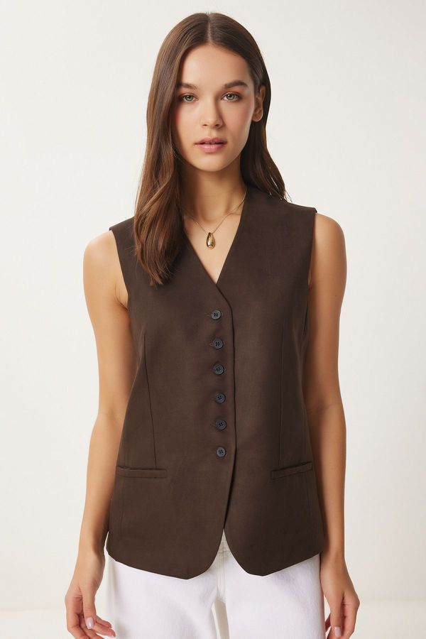 Happiness İstanbul Happiness İstanbul Women's Dark Brown V-Neck Nubuck Vest