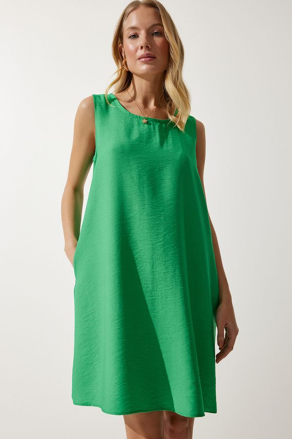 Happiness İstanbul Happiness İstanbul Women's Dark Green Sleeveless Linen Viscose A-Line Dress