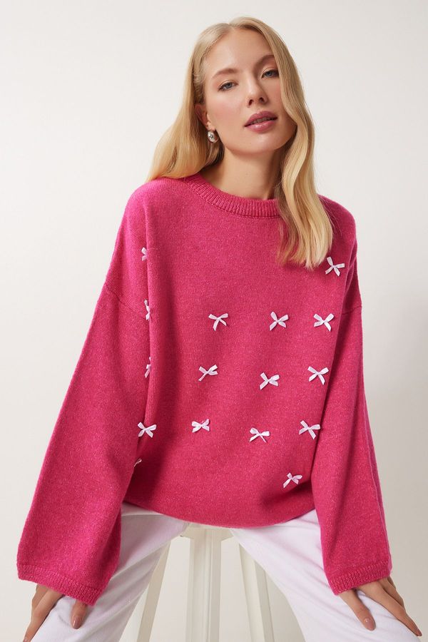 Happiness İstanbul Happiness İstanbul Women's Dark Pink Bow Detail Oversize Knitwear Sweater