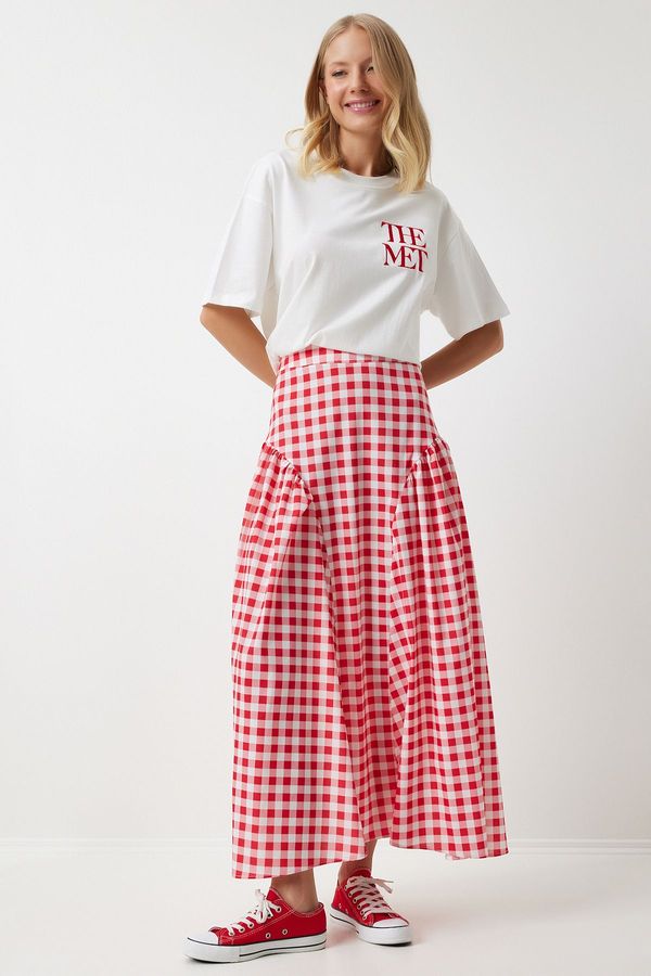 Happiness İstanbul Happiness İstanbul Women's Dark Pink Gingham Flounce Summer Poplin Skirt