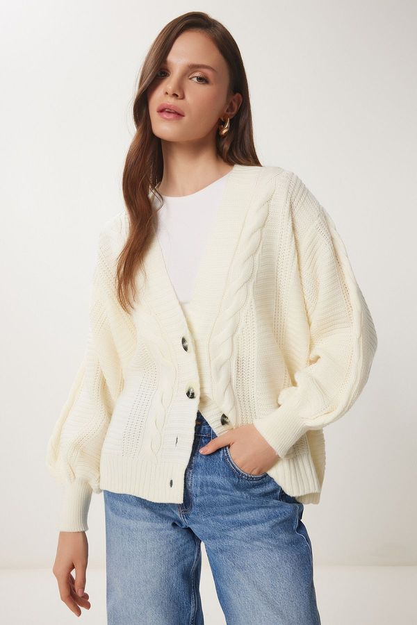 Happiness İstanbul Happiness İstanbul Women's Ecru Braided Balloon Sleeve Loose Knitwear Cardigan