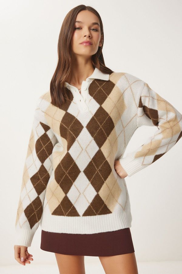 Happiness İstanbul Happiness İstanbul Women's Ecru Brown Diamond Patterned Knitwear Sweater