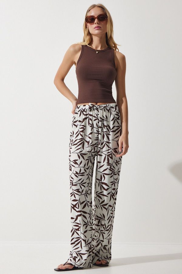 Happiness İstanbul Happiness İstanbul Women's Ecru Brown Patterned Flowing Viscose Palazzo Trousers