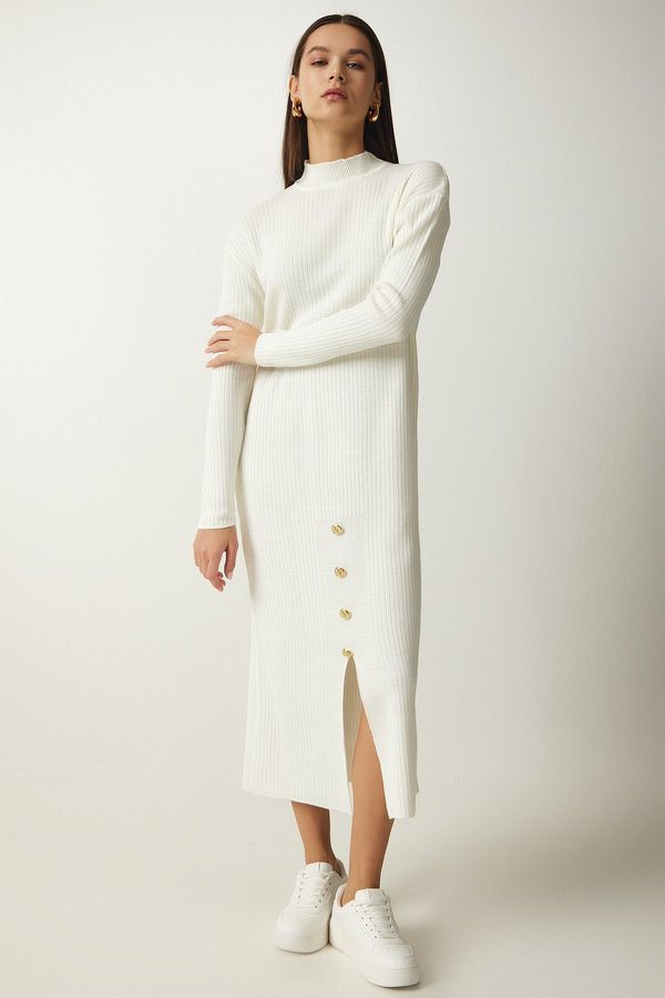 Happiness İstanbul Happiness İstanbul Women's Ecru Button Detailed Corduroy Knitwear Dress