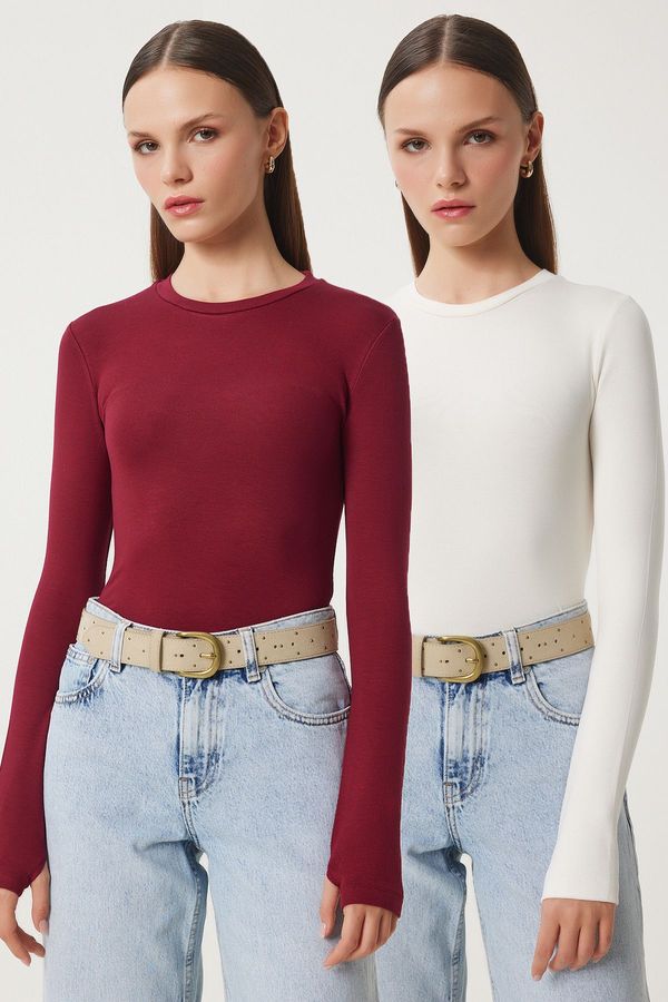 Happiness İstanbul Happiness İstanbul Women's Ecru Claret Red 2-Piece Package Crew Neck Finger-Slotted Basic Knitted Blouse
