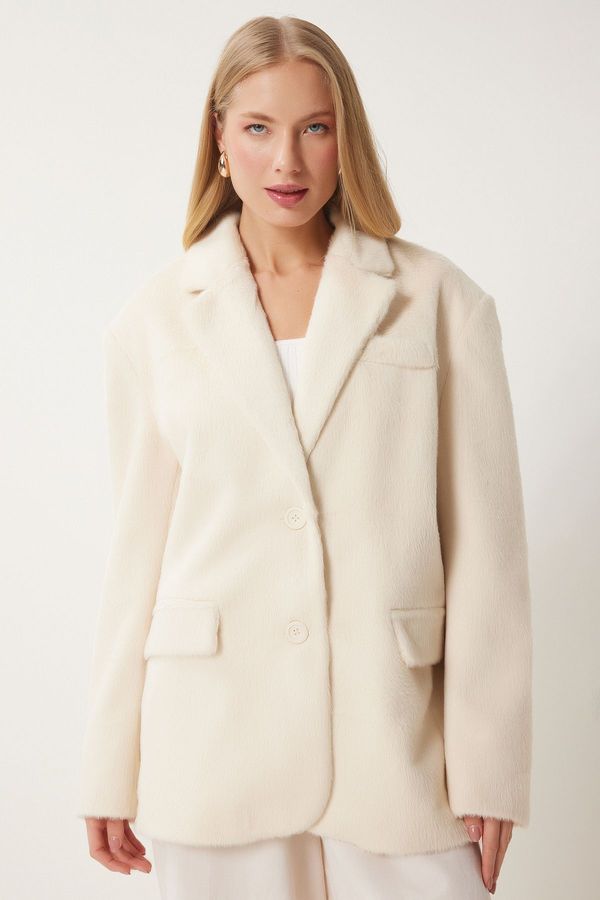 Happiness İstanbul Happiness İstanbul Women's Ecru Double Breasted Faux Fur Jacket