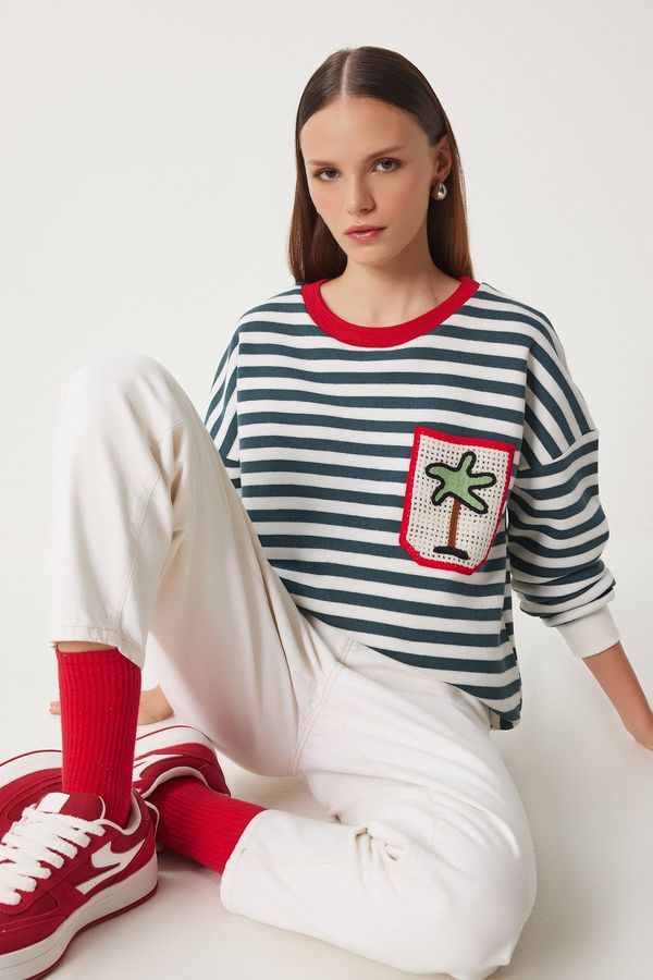 Happiness İstanbul Happiness İstanbul Women's Ecru Green Knit Pocket Striped Raised Knit Sweatshirt