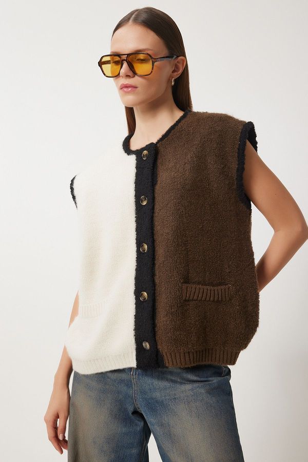Happiness İstanbul Happiness İstanbul Women's Ecru Khaki Colorblock Boucle Knitwear Cardigan