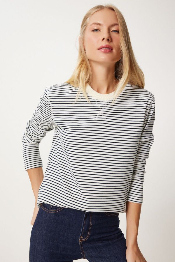 Happiness İstanbul Happiness İstanbul Women's Ecru Navy Blue Striped Cotton Basic Knitted Blouse
