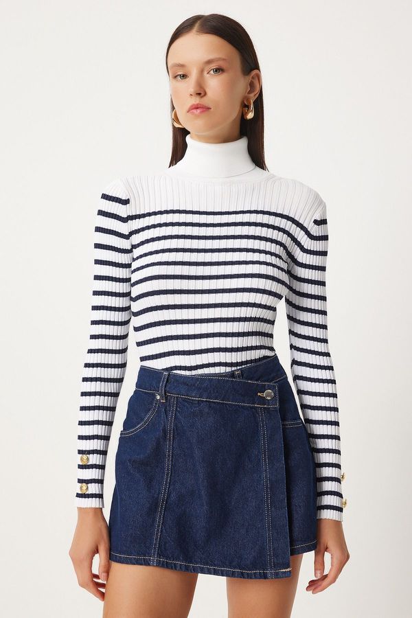 Happiness İstanbul Happiness İstanbul Women's Ecru Navy Blue Turtleneck Striped Seasonal Knitwear Sweater