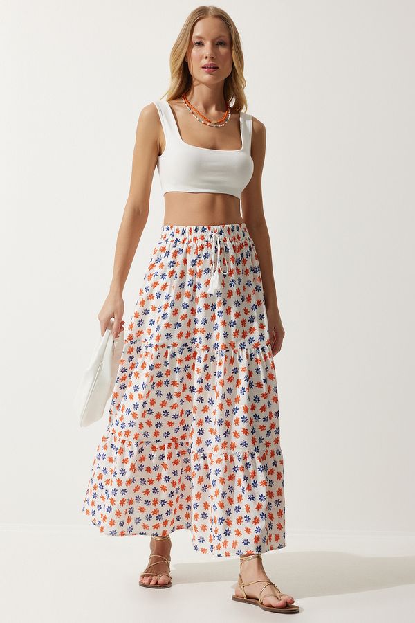 Happiness İstanbul Happiness İstanbul Women's Ecru Orange Floral Pattern Flounce Summer Linen Skirt