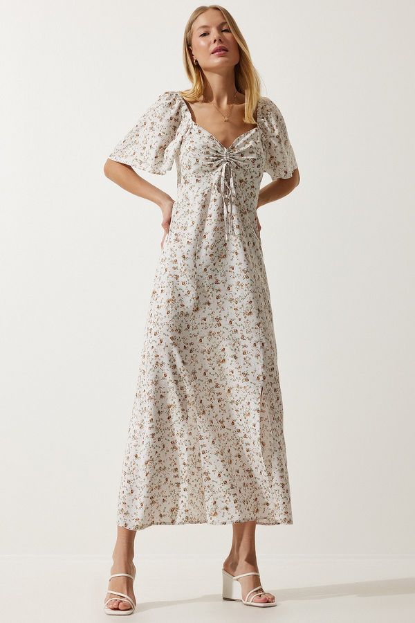 Happiness İstanbul Happiness İstanbul Women's Ecru Slit Detailed Flounce Viscose Dress