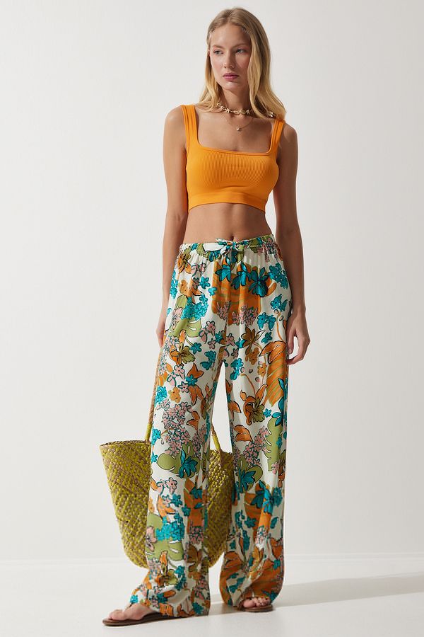 Happiness İstanbul Happiness İstanbul Women's Ecru Turquoise Patterned Flowing Viscose Palazzo Trousers