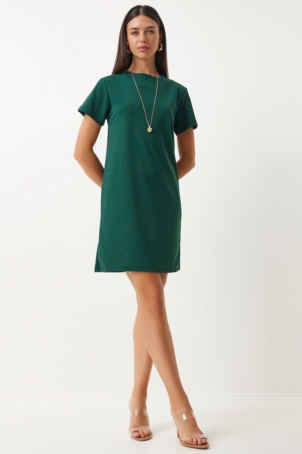 Happiness İstanbul Happiness İstanbul Women's Emerald Green Crew Neck Basic Crepe Dress