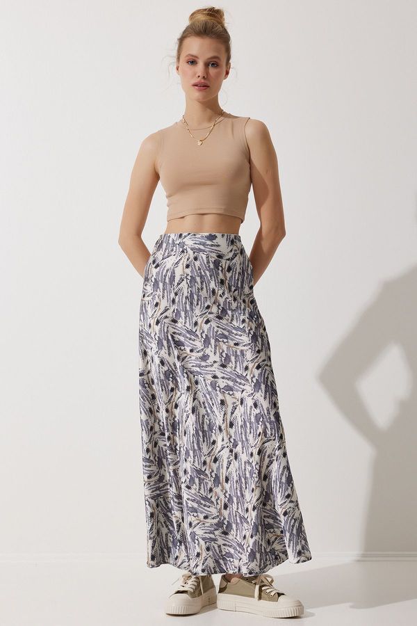 Happiness İstanbul Happiness İstanbul Women's Gray Beige Patterned Satin Surface Skirt