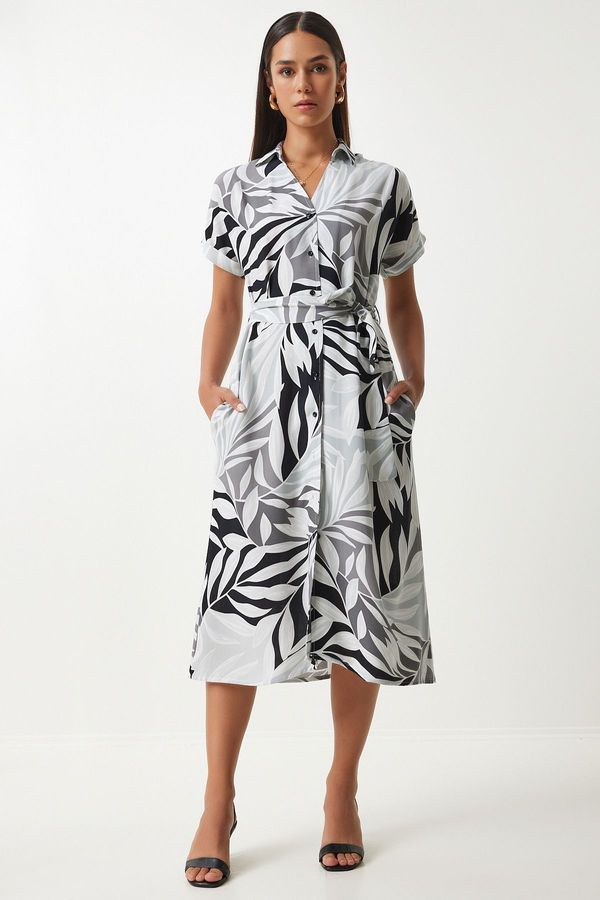 Happiness İstanbul Happiness İstanbul Women's Gray Black Patterned Belted Viscose Shirt Dress