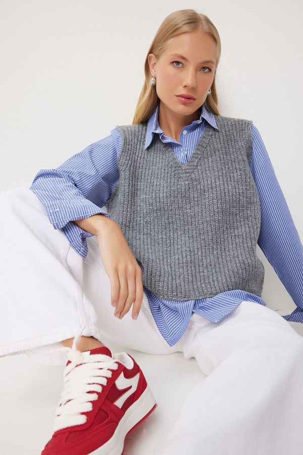 Happiness İstanbul Happiness İstanbul Women's Gray Blue Shirt Knit Sweater