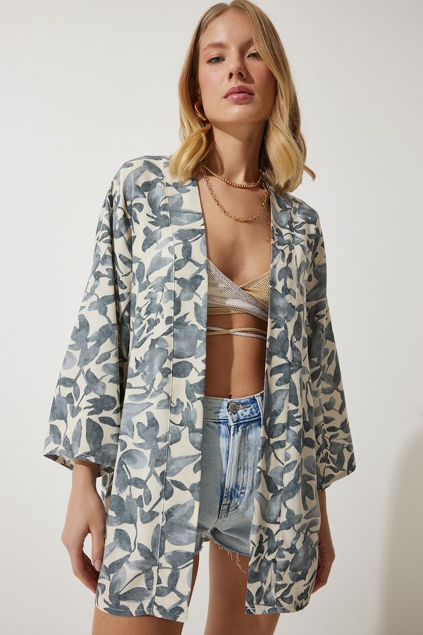 Happiness İstanbul Happiness İstanbul Women's Gray Bone Patterned Viscose Kimono