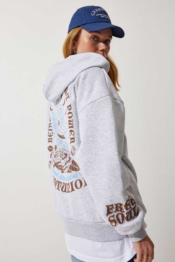 Happiness İstanbul Happiness İstanbul Women's Gray Hooded Raised Knitted Sweatshirt