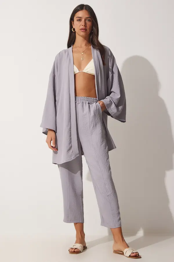 Happiness İstanbul Happiness İstanbul Women's Gray Kimono Trousers Set