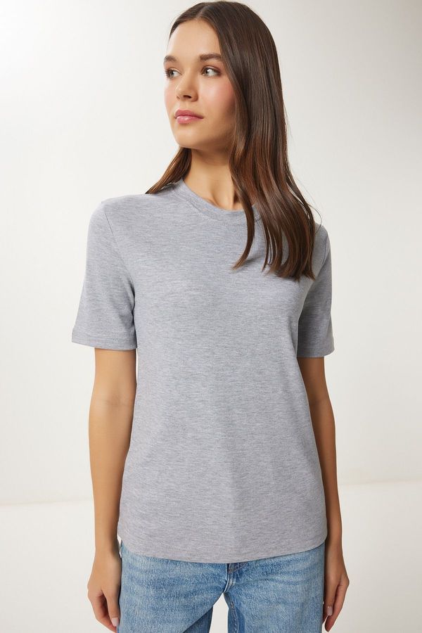 Happiness İstanbul Happiness İstanbul Women's Gray Melange Cotton Basic Knitted T-Shirt